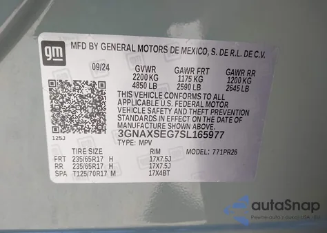 2025 Chevrolet Equinox Awd Activ z USA, uszkodzony, nr VIN 3GNAXSEG7SL165977